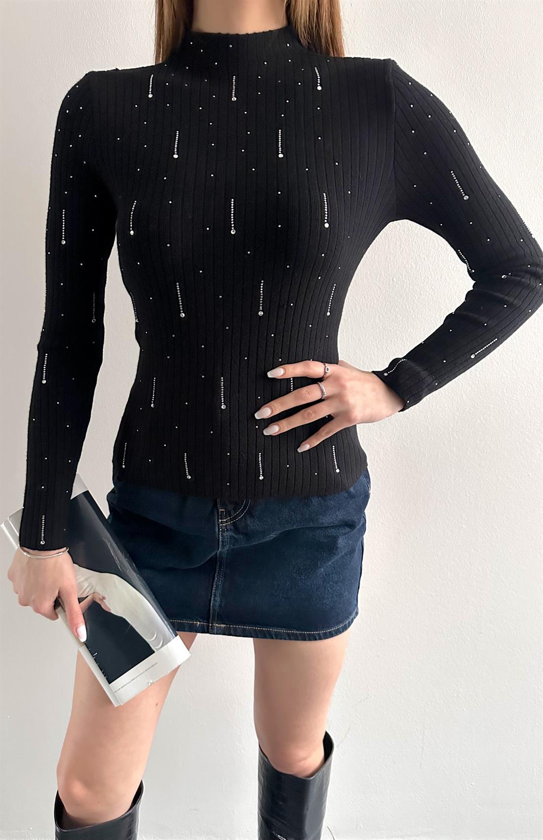 Damla Parlak Taşlı Elitli Kazak SİYAH