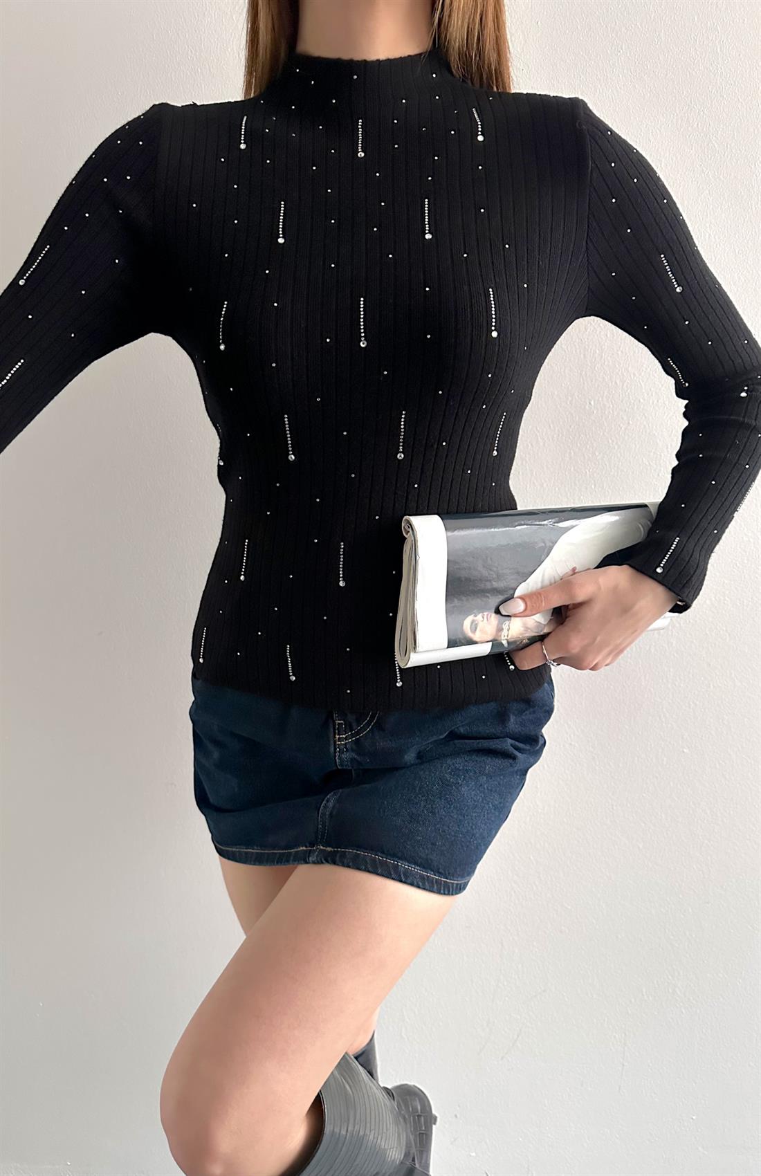 Damla Parlak Taşlı Elitli Kazak SİYAH