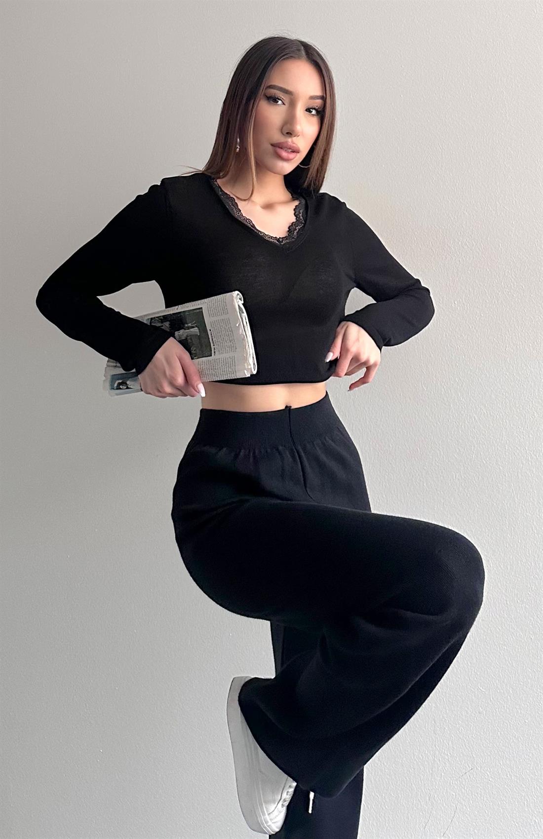 Dantel Detay Triko Kazak SİYAH