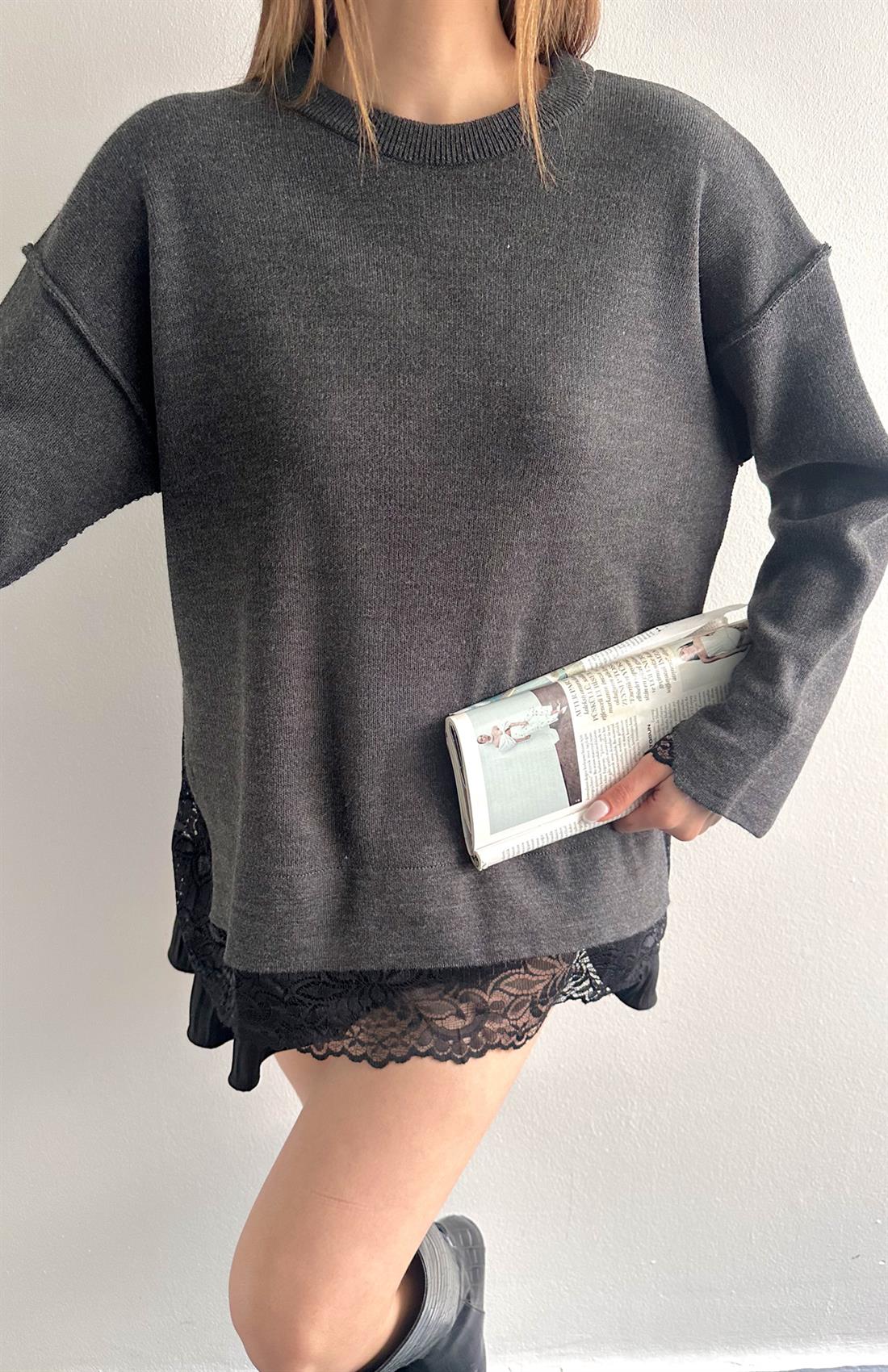 Dantel Detaylı Oversize Kazak ANTRASİT