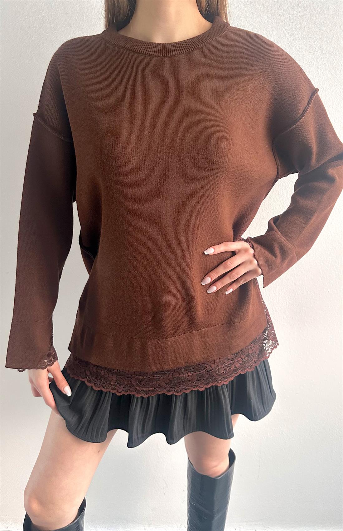 Dantel Detaylı Oversize Kazak KAHVERENGİ