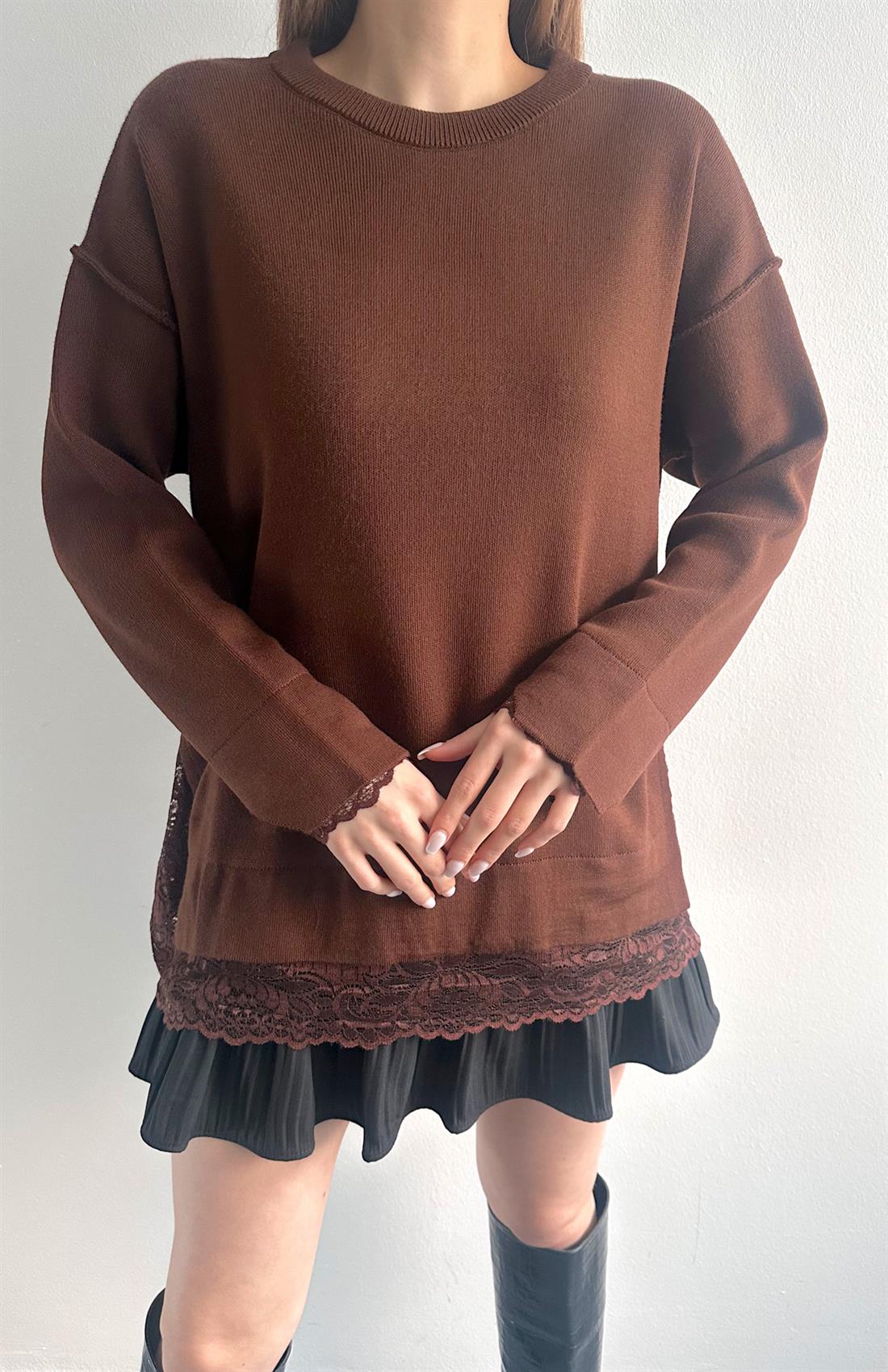 Dantel Detaylı Oversize Kazak KAHVERENGİ