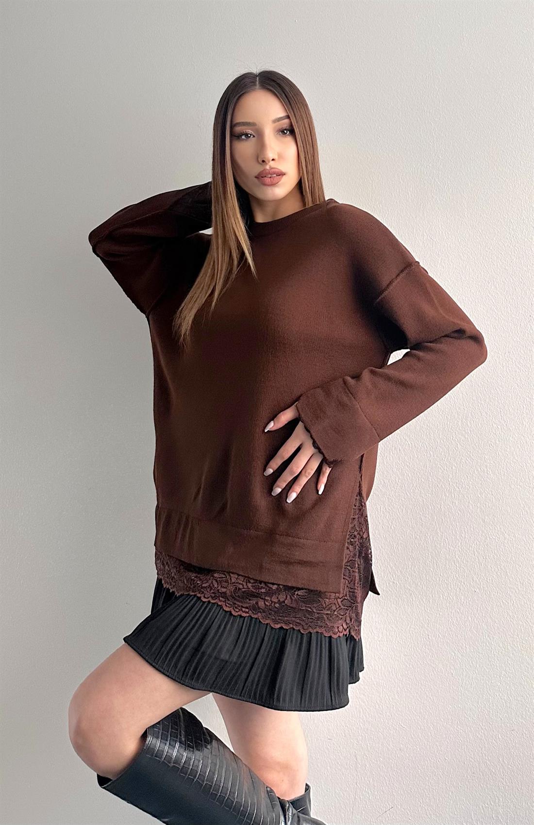 Dantel Detaylı Oversize Kazak KAHVERENGİ