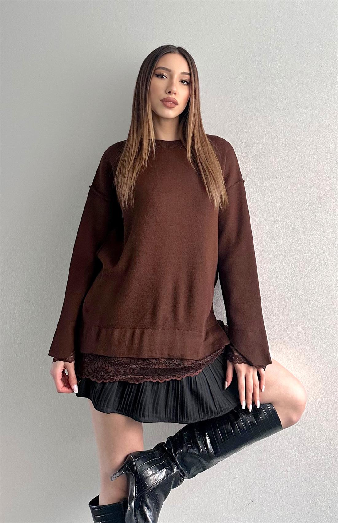 Dantel Detaylı Oversize Kazak KAHVERENGİ