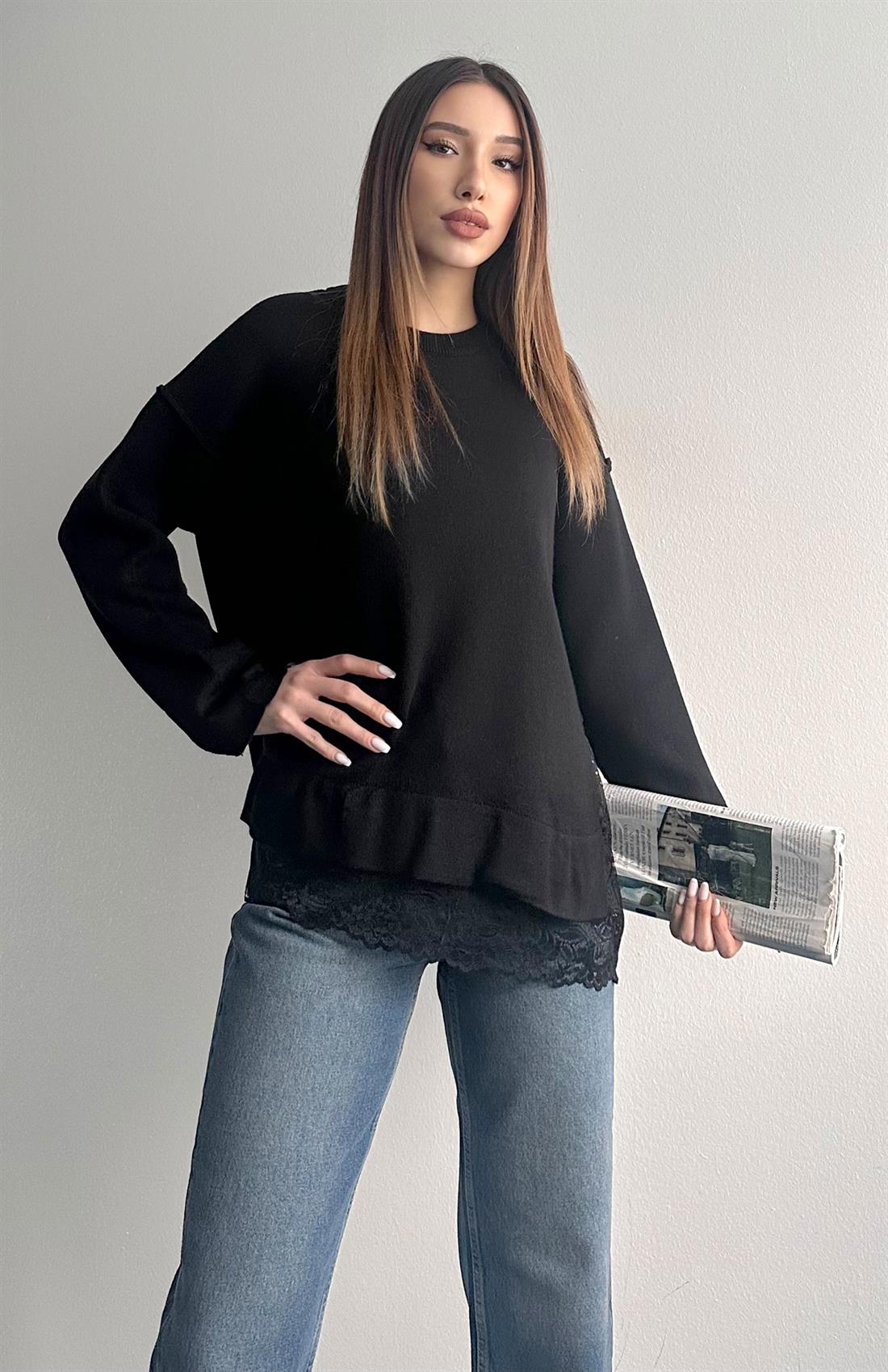 Dantel Detaylı Oversize Kazak SİYAH