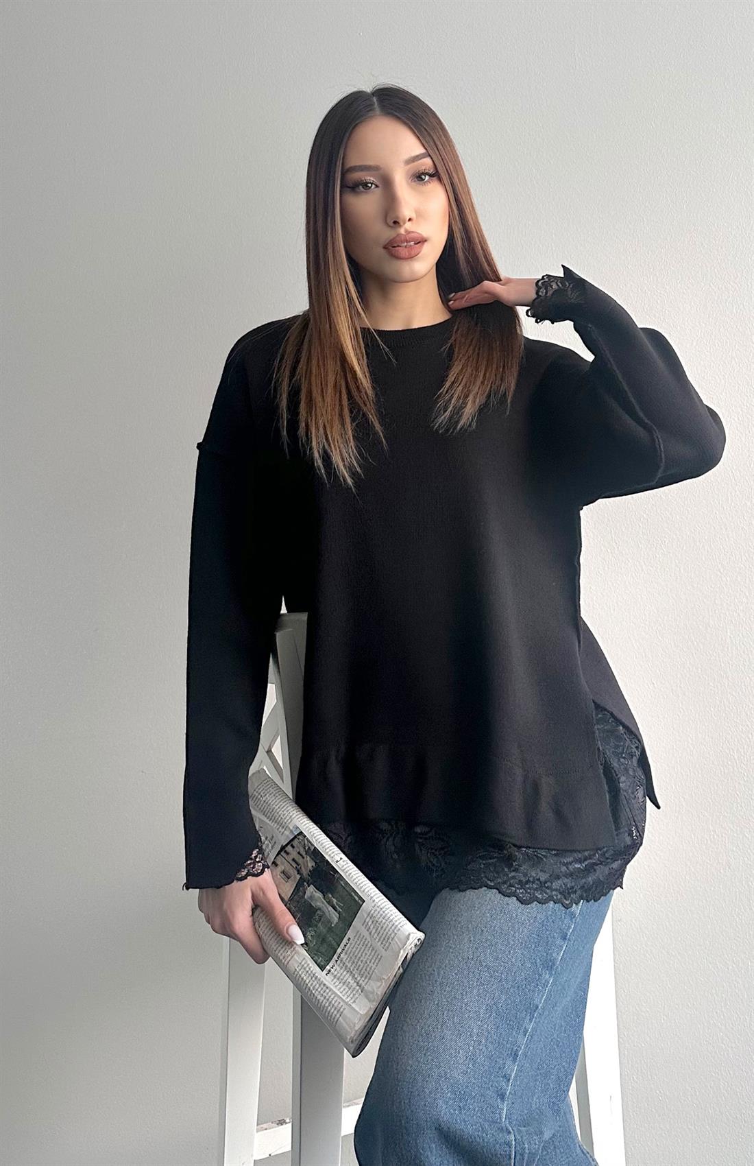 Dantel Detaylı Oversize Kazak SİYAH