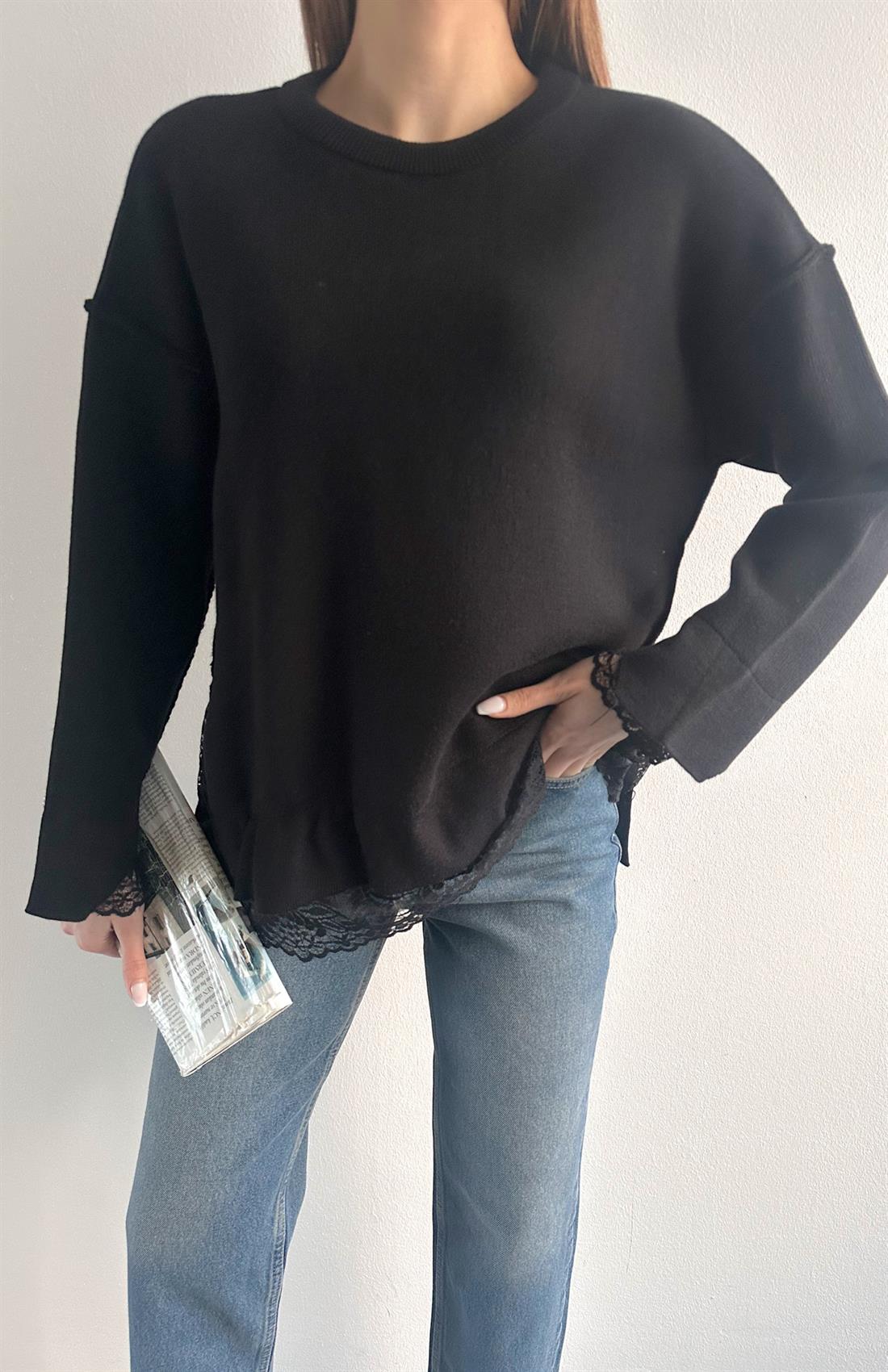 Dantel Detaylı Oversize Kazak SİYAH