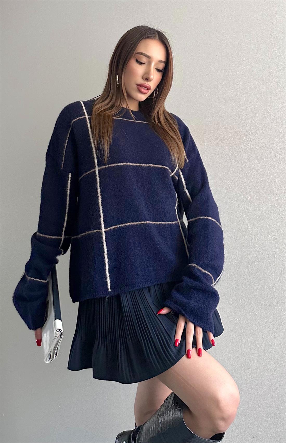 Ekoseli Elitli Triko Kazak LACİVERT