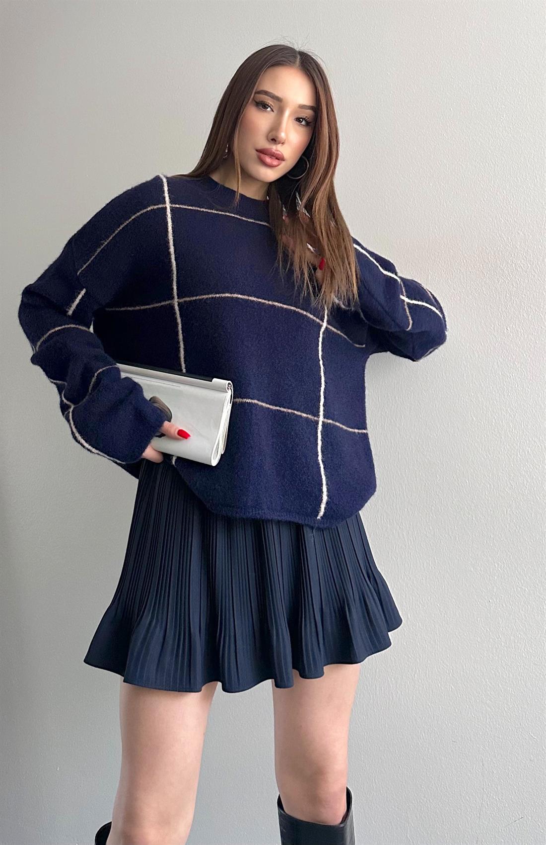 Ekoseli Elitli Triko Kazak LACİVERT