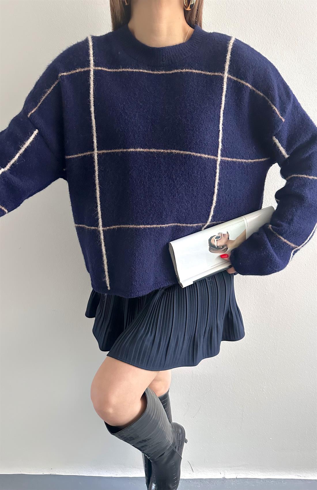 Ekoseli Elitli Triko Kazak LACİVERT