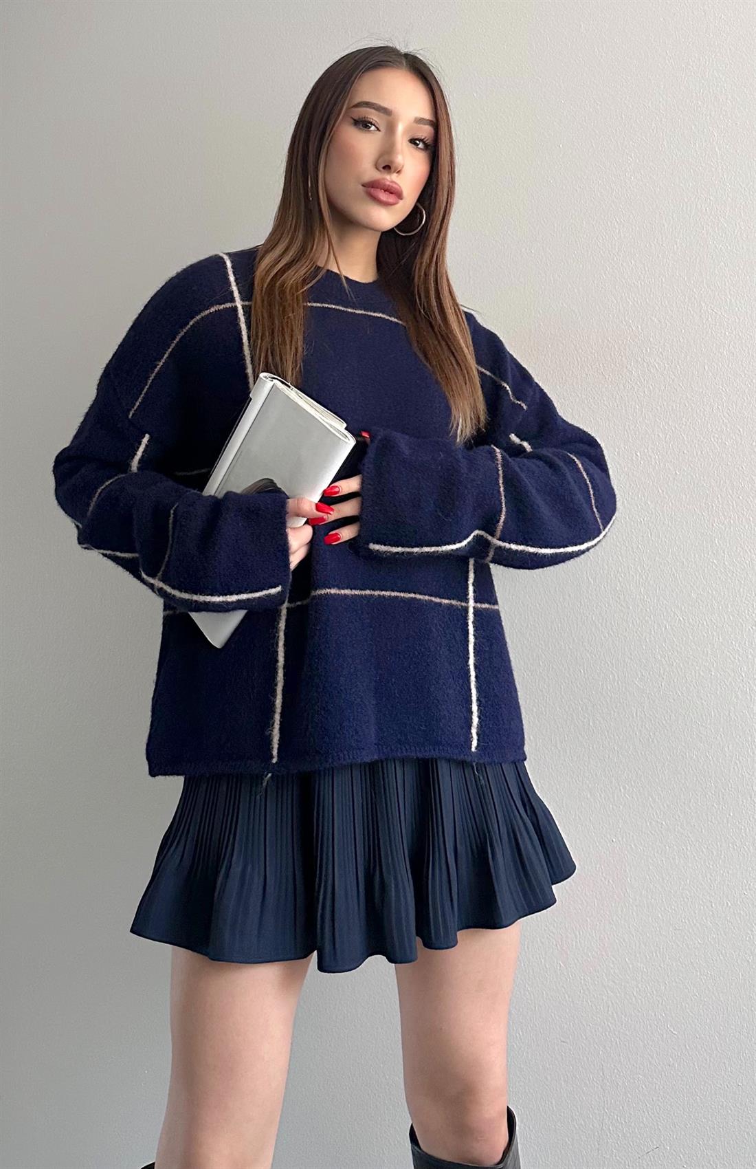 Ekoseli Elitli Triko Kazak LACİVERT