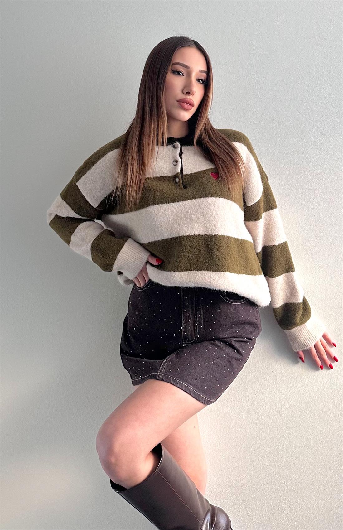 Kalp Detaylı Jaisel Triko Kazak HAKİ