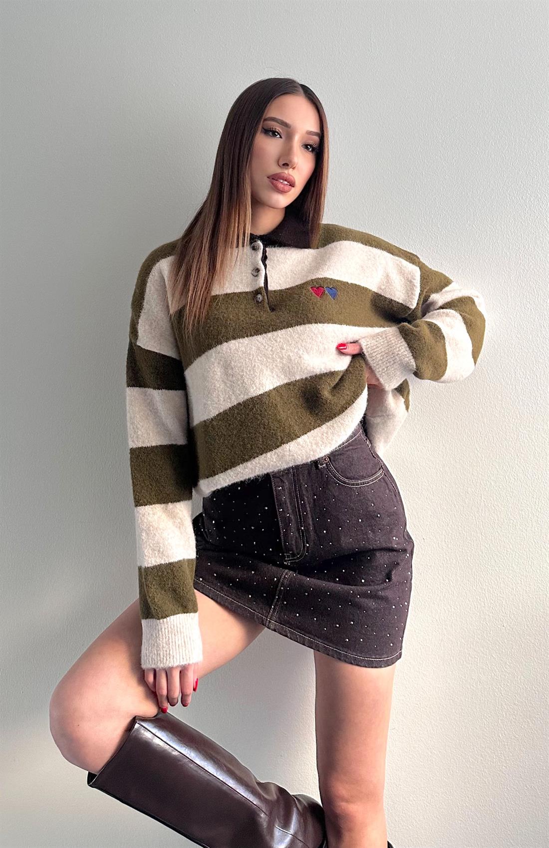 Kalp Detaylı Jaisel Triko Kazak HAKİ