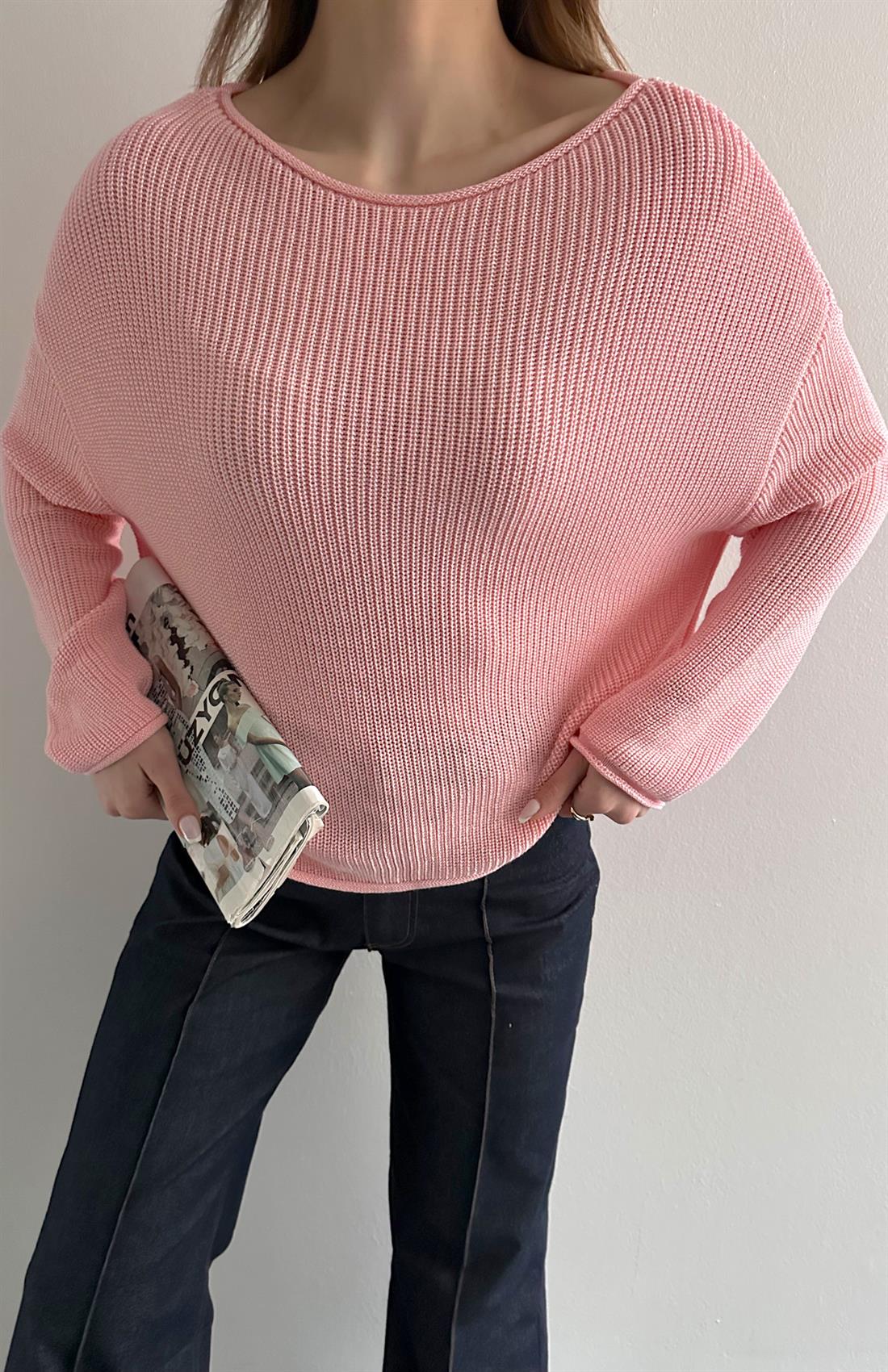 Kayık Yaka Basic Triko Kazak A.PEMBE