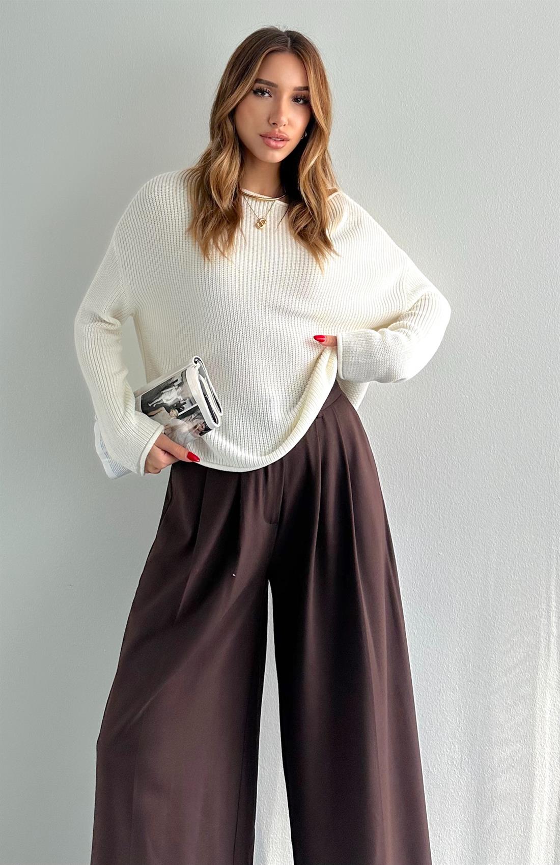 Kayık Yaka Basic Triko Kazak EKRU