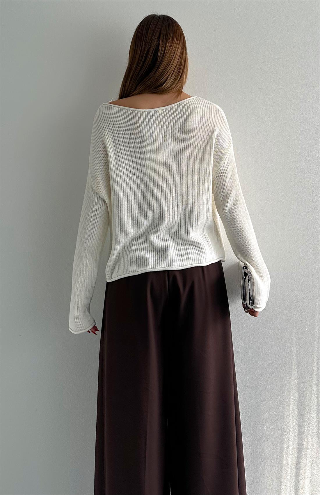 Kayık Yaka Basic Triko Kazak EKRU