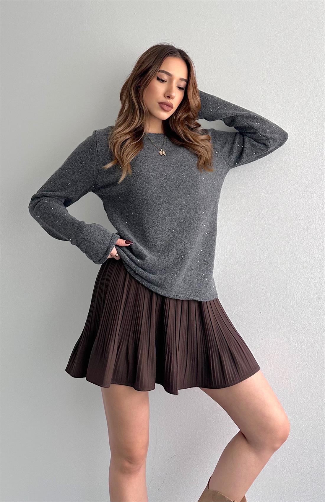 Kayık Yaka Pullu Simli Kazak FÜME