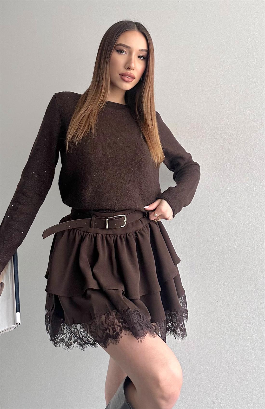 Kayık Yaka Pullu Simli Kazak KAHVERENGİ