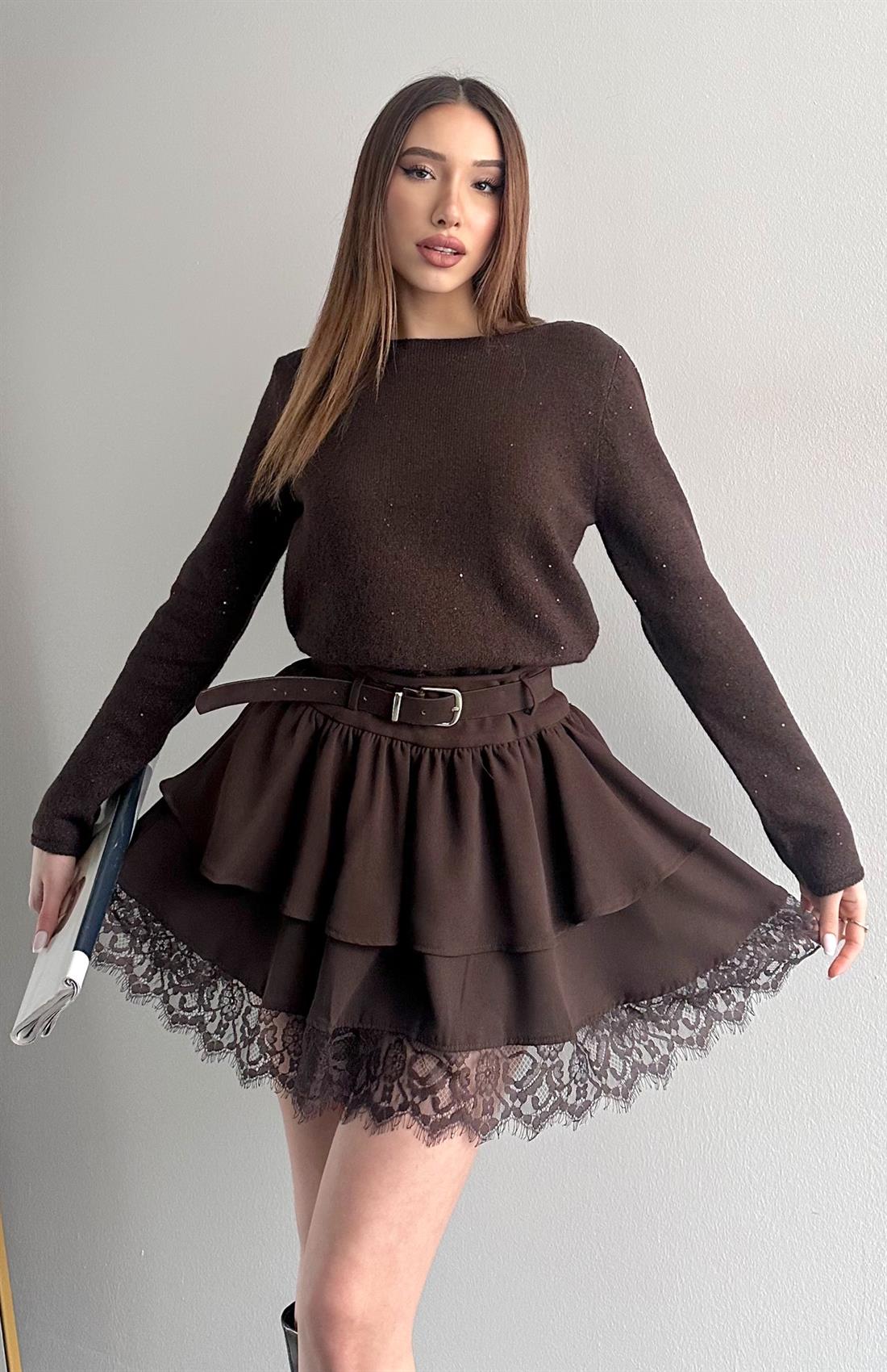 Kayık Yaka Pullu Simli Kazak KAHVERENGİ