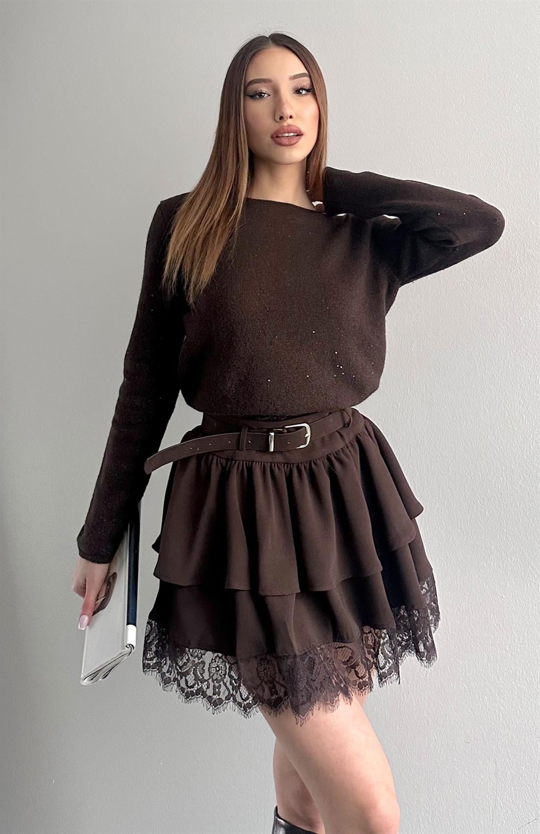 Kayık Yaka Pullu Simli Kazak KAHVERENGİ