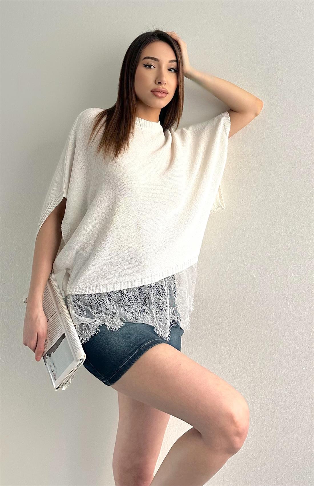 Kendinden Kol Dantelli Kazak EKRU