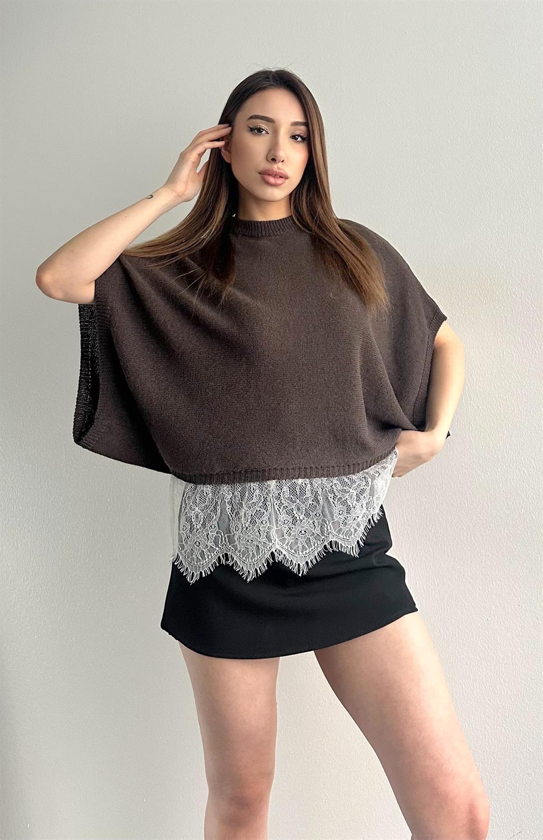 Kendinden Kol Dantelli Kazak KAHVERENGİ