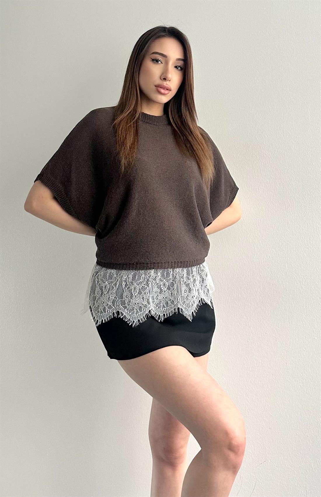 Kendinden Kol Dantelli Kazak KAHVERENGİ