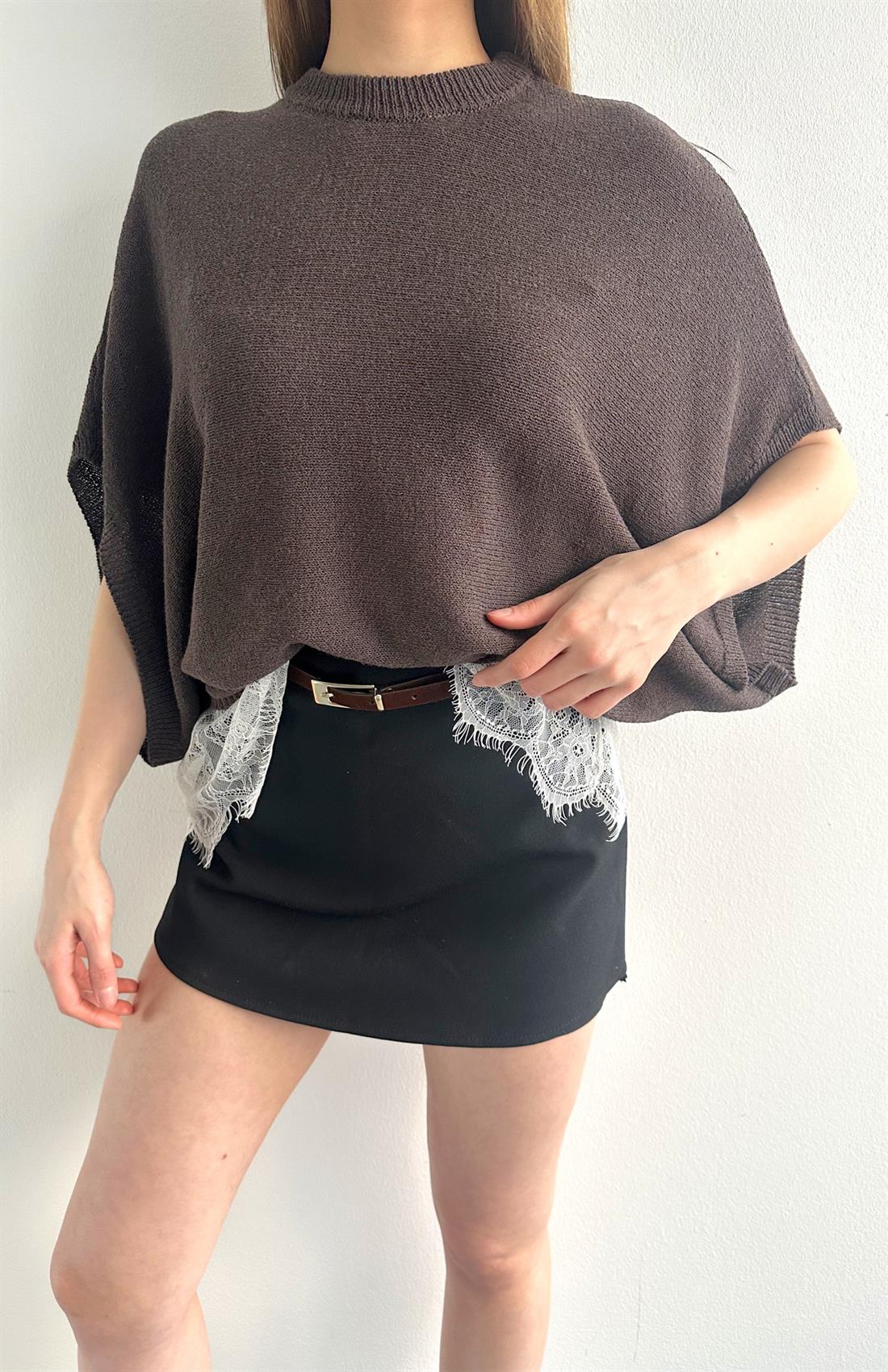 Kendinden Kol Dantelli Kazak KAHVERENGİ