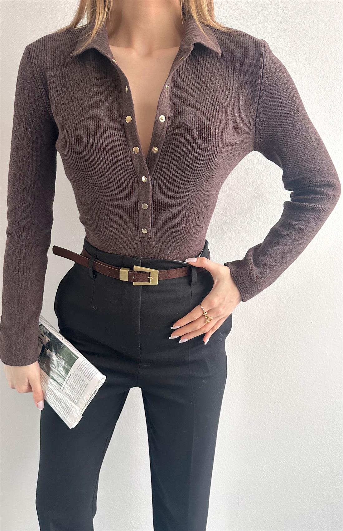 P.Yaka Çıtçıtlı Triko Kazak KAHVERENGİ