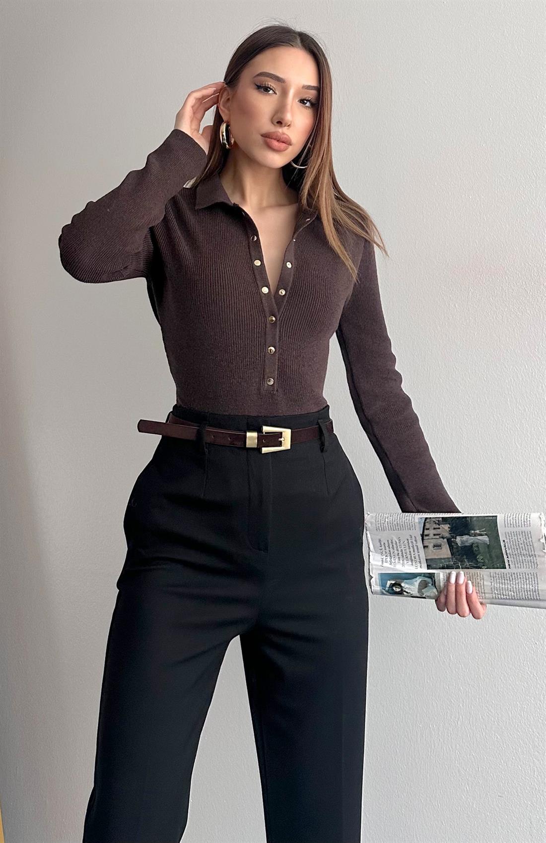 P.Yaka Çıtçıtlı Triko Kazak KAHVERENGİ