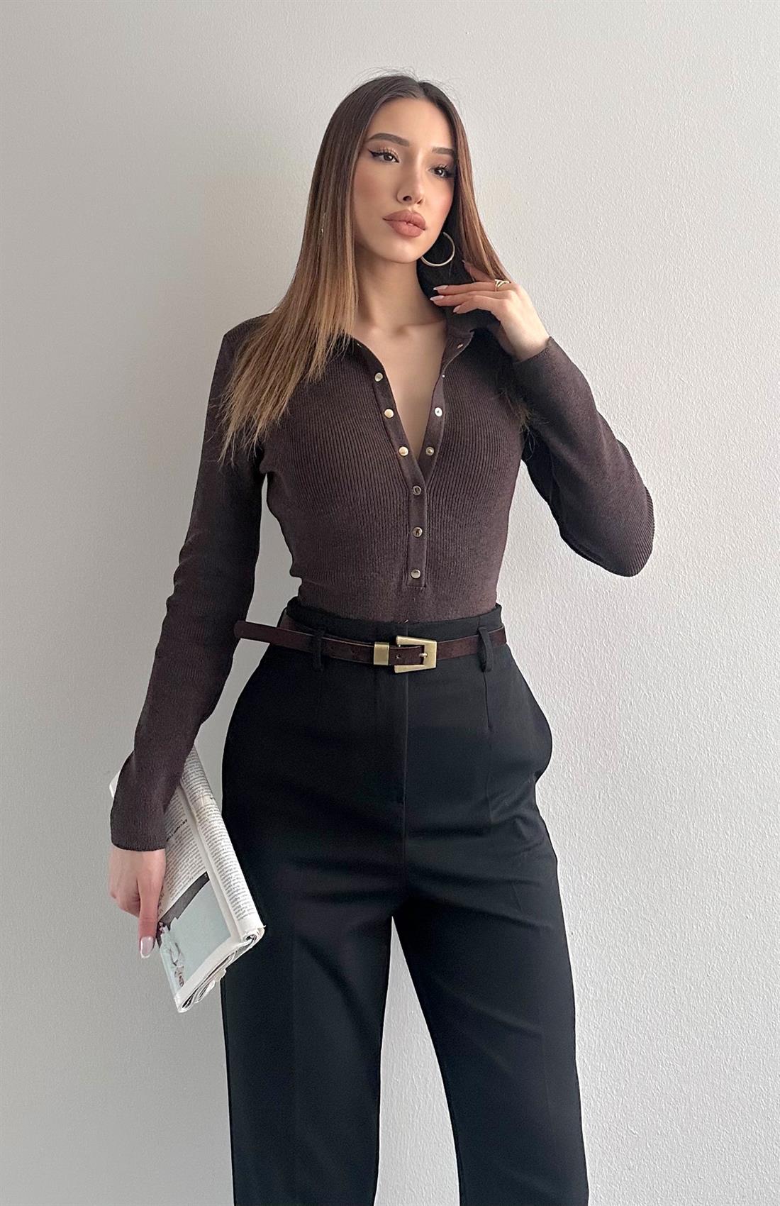 P.Yaka Çıtçıtlı Triko Kazak KAHVERENGİ