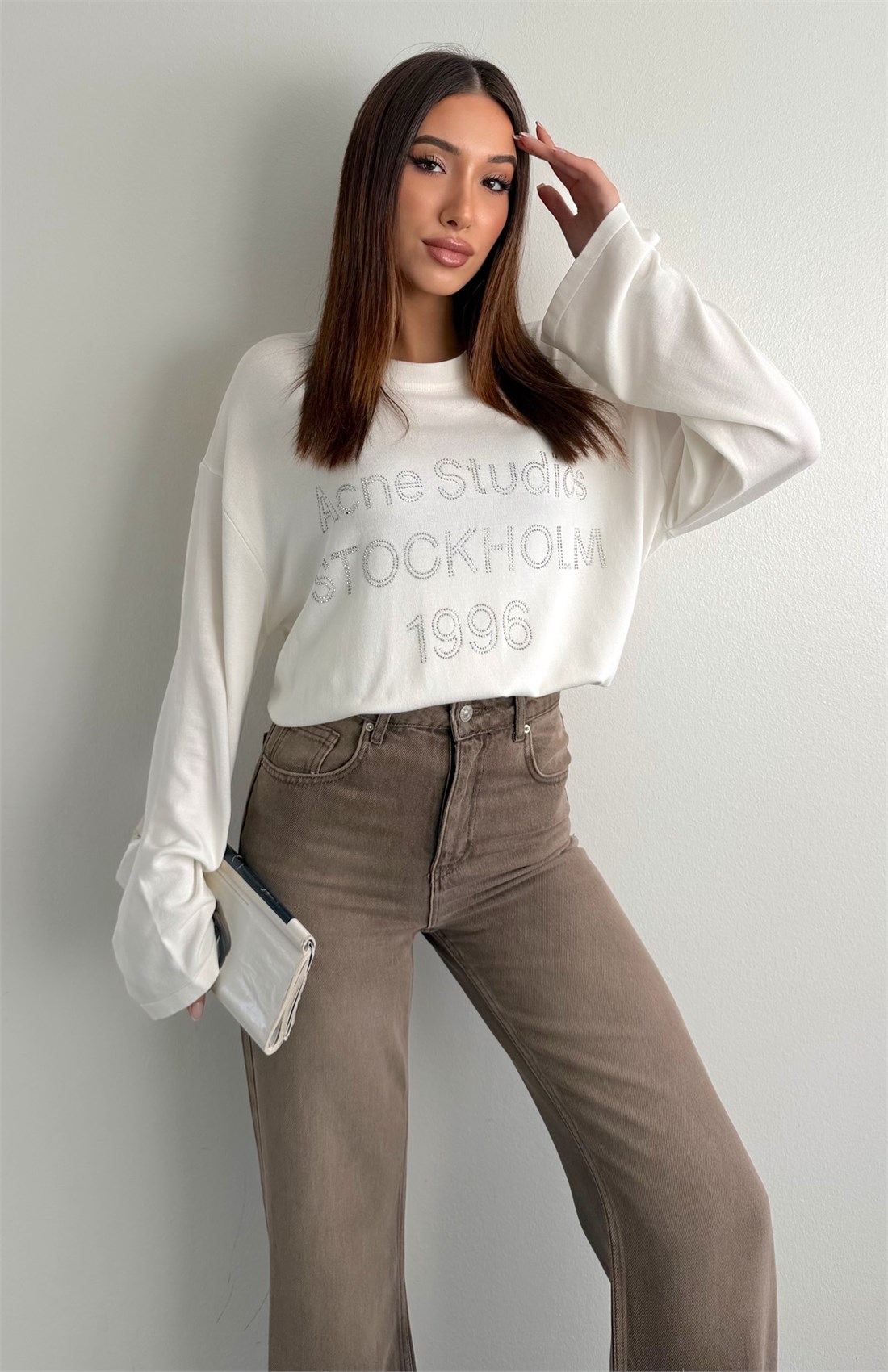 Parlak Taşlı Baskılı Oversize Kazak EKRU
