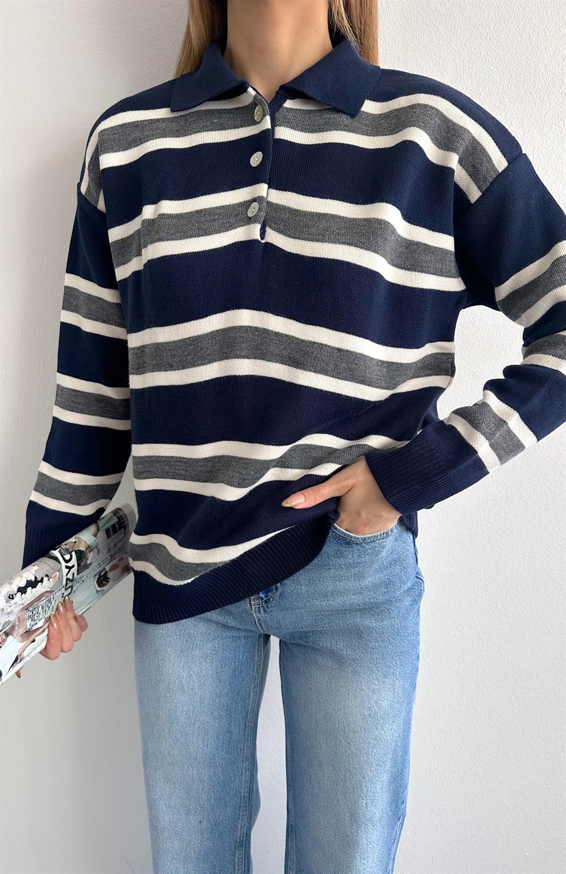 Polo Yaka Uzun Kol Kazak LACİ-EKRU