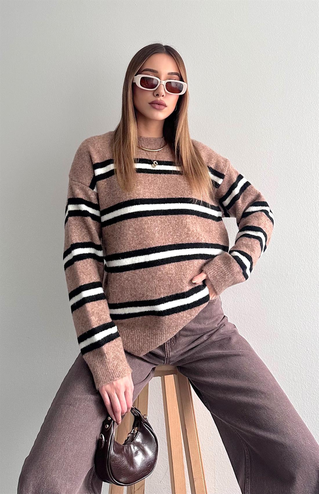 Renkli Çizgili Oversize Kazak VİZON