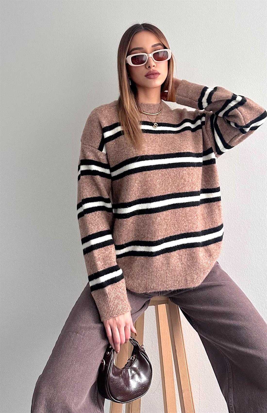 Renkli Çizgili Oversize Kazak VİZON