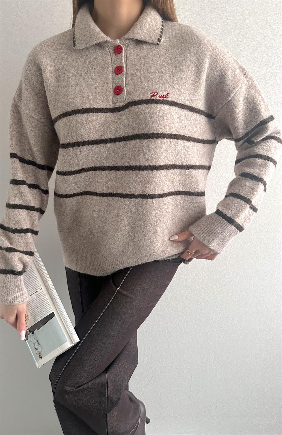 Renkli Düğmeli Nakiş Detay Triko VİZON