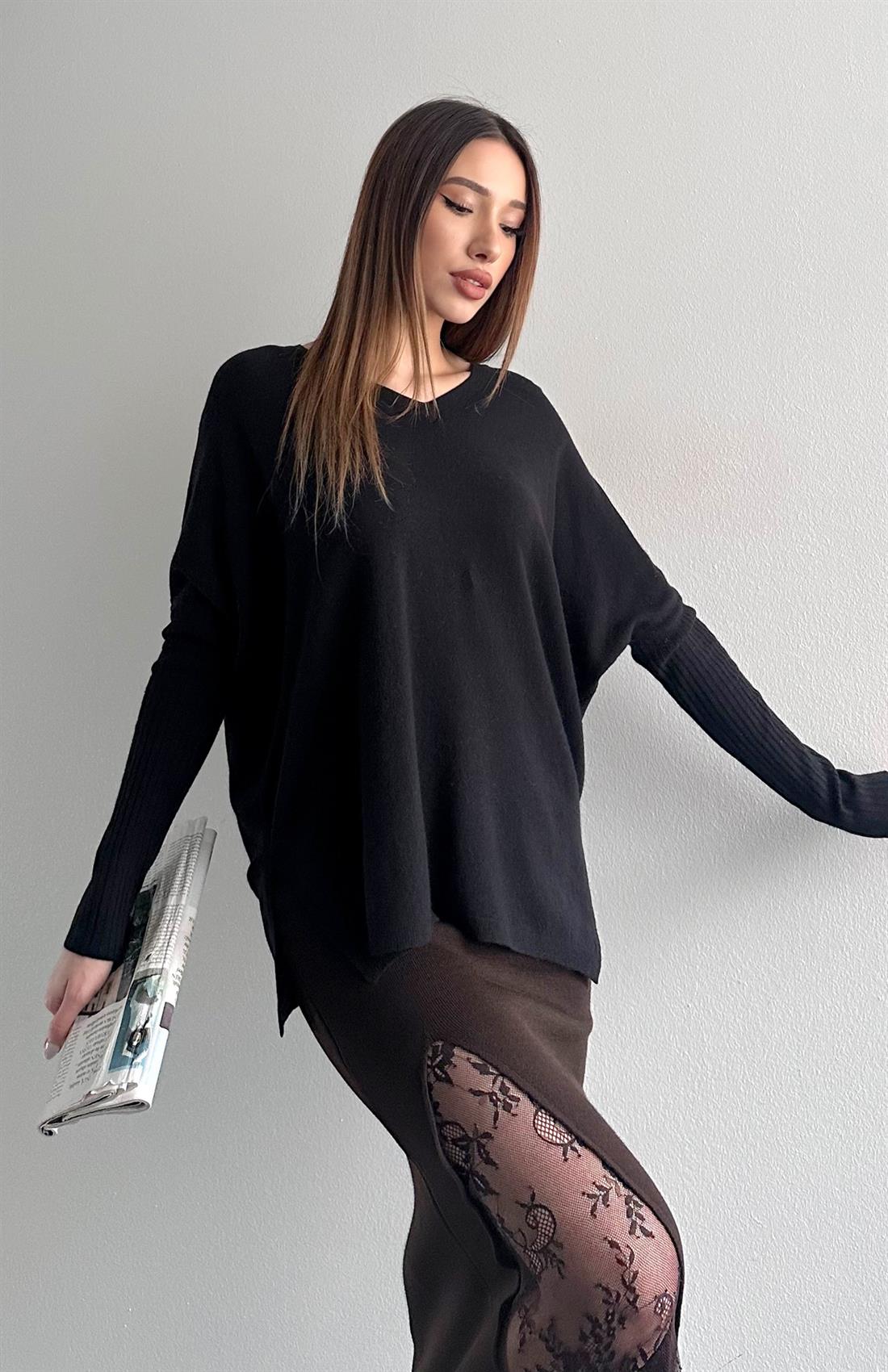 V Yaka Kaşmir Kazak SİYAH