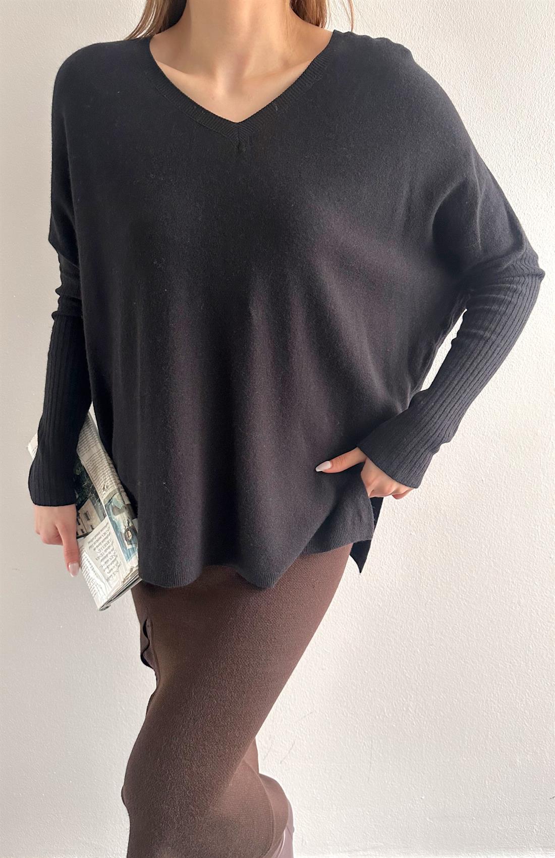 V Yaka Kaşmir Kazak SİYAH