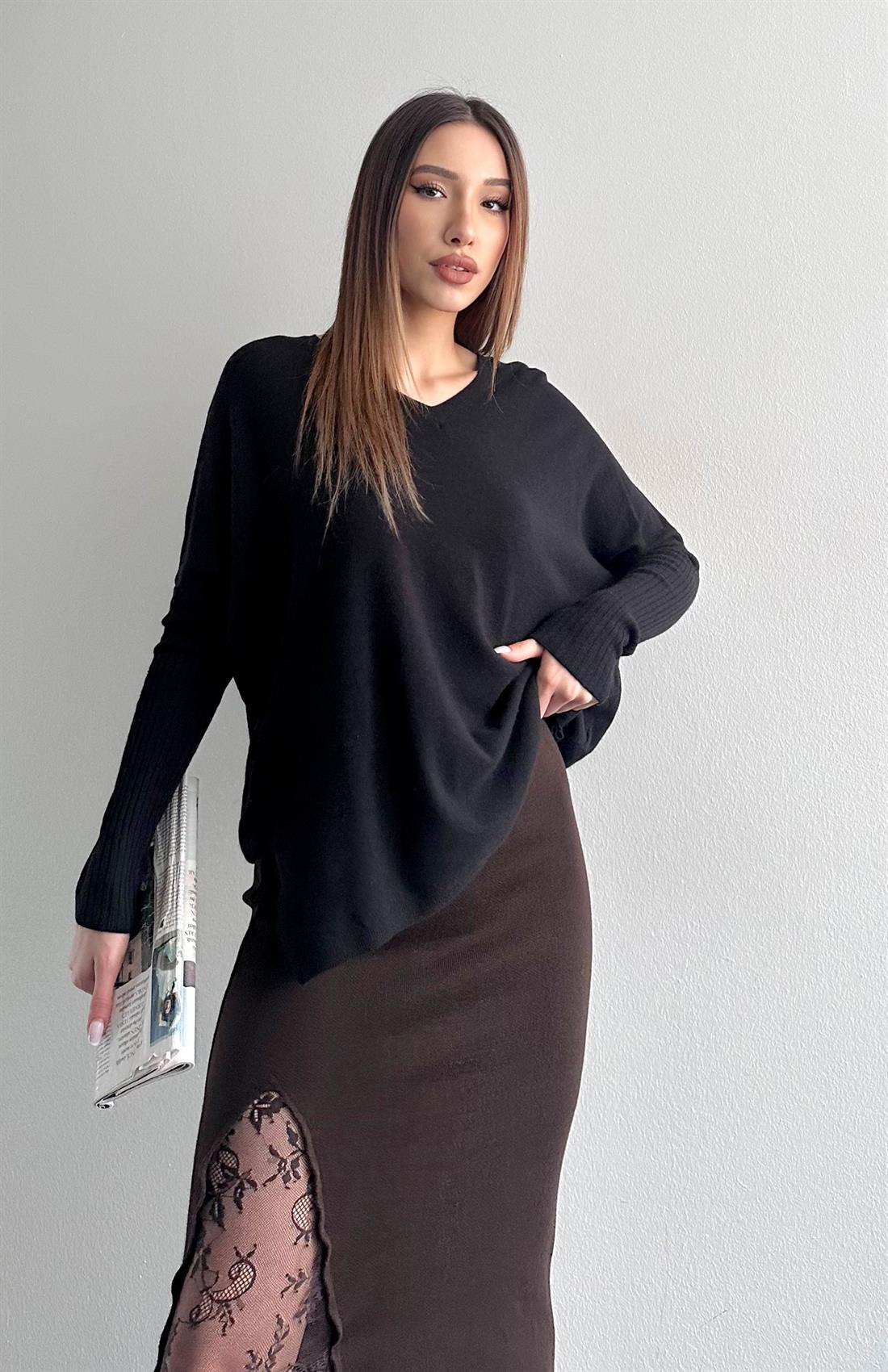 V Yaka Kaşmir Kazak SİYAH