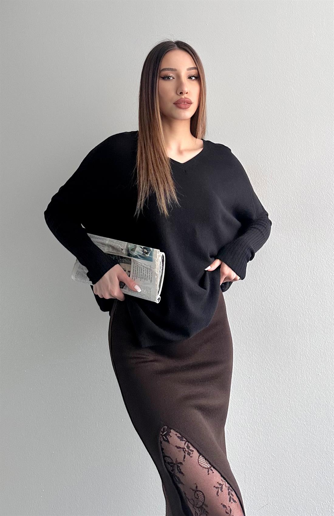 V Yaka Kaşmir Kazak SİYAH