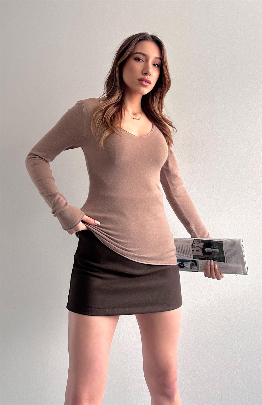 V Yaka Kaşmirli Ultra Hafif Kazak KOYU VİZON