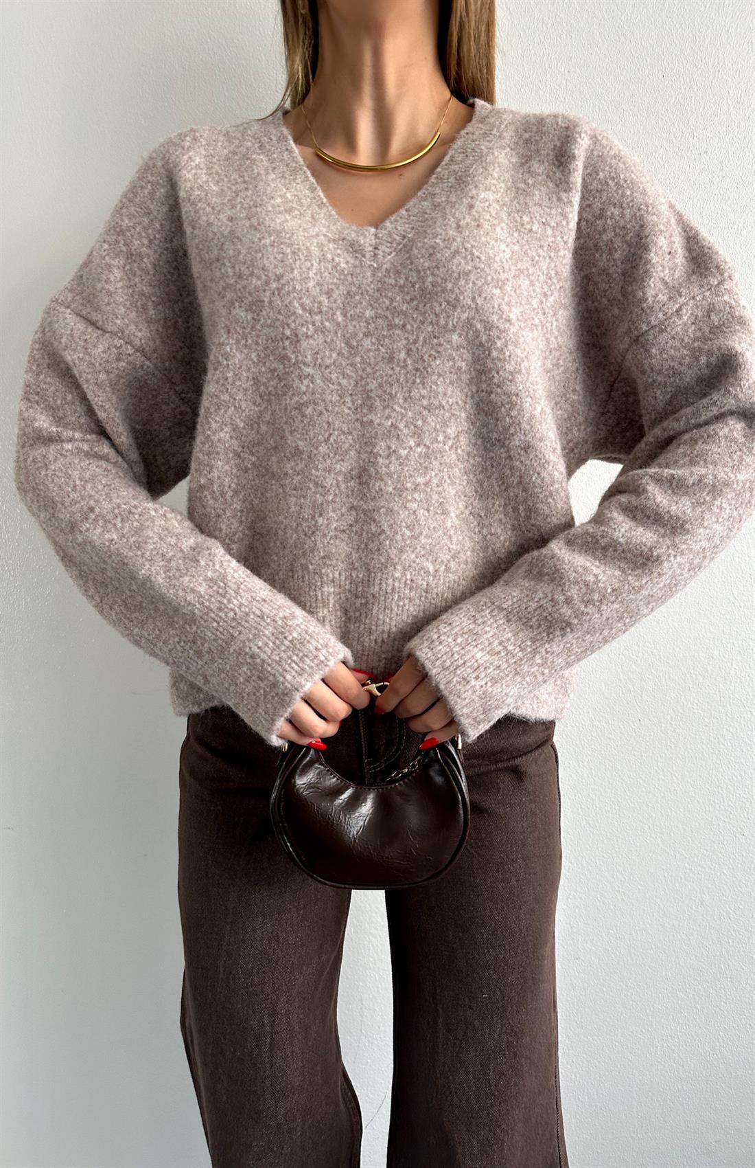 V Yaka Yumuşak Dokulu Kazak VİZON