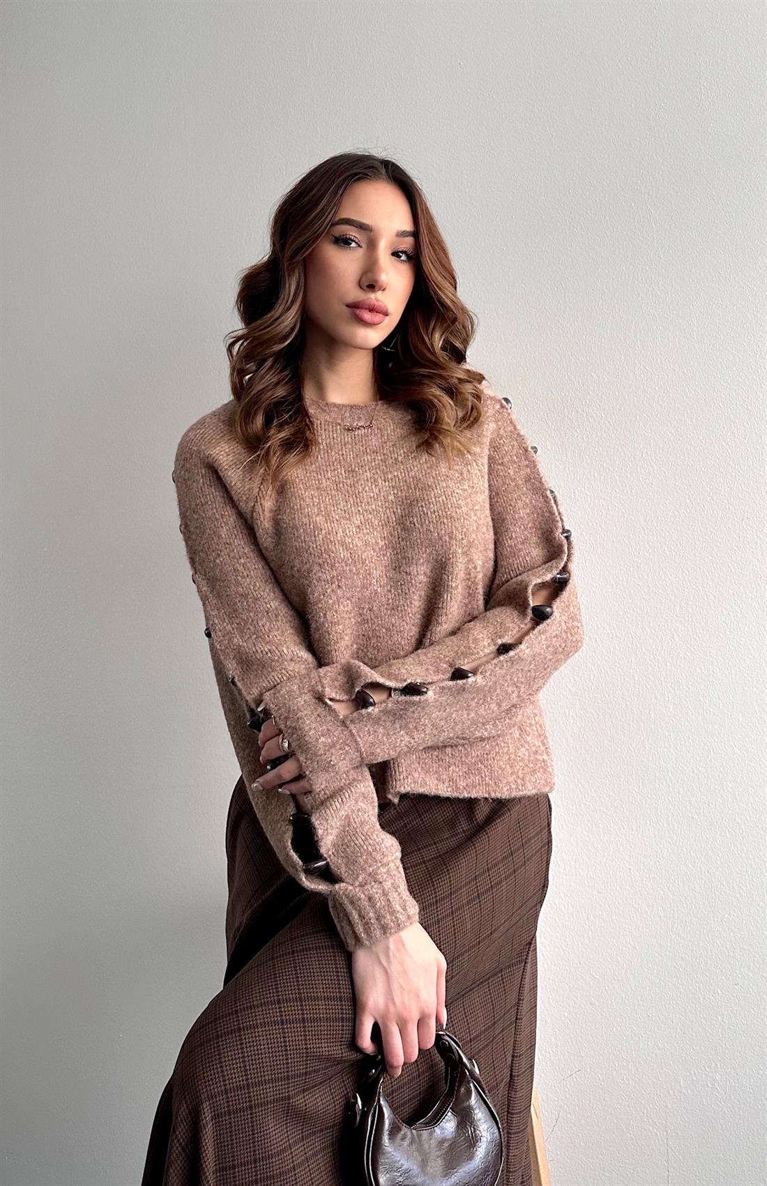 Yün Karişimlı Aksesuar Detaylı Triko Kazak CAMEL