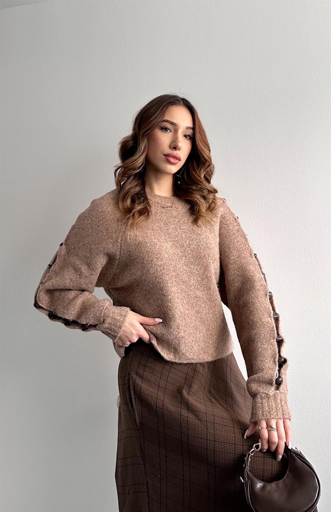 Yün Karişimlı Aksesuar Detaylı Triko Kazak CAMEL