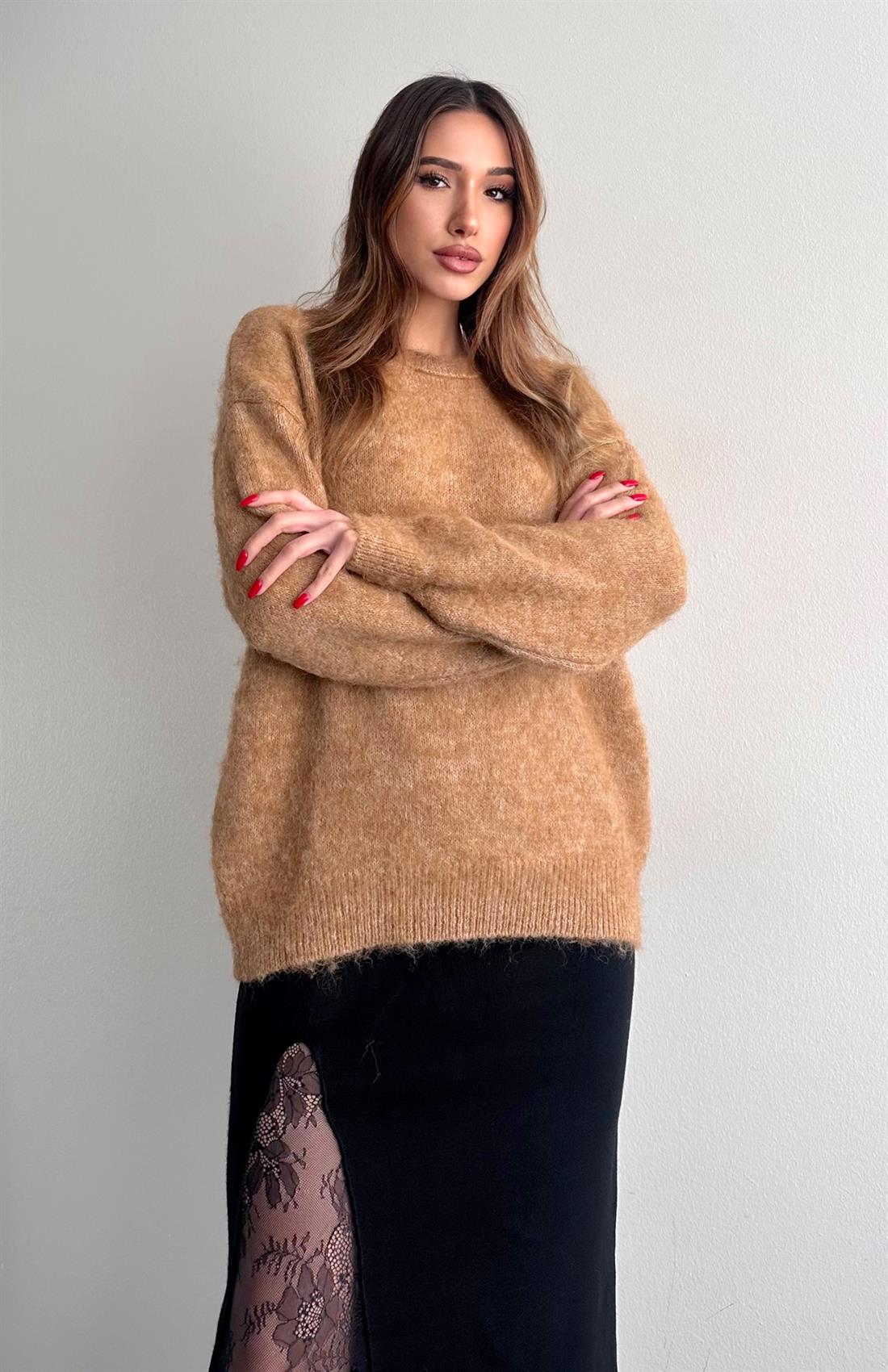 Yün Karışimlı Fırça Şardonlu Kazak CAMEL