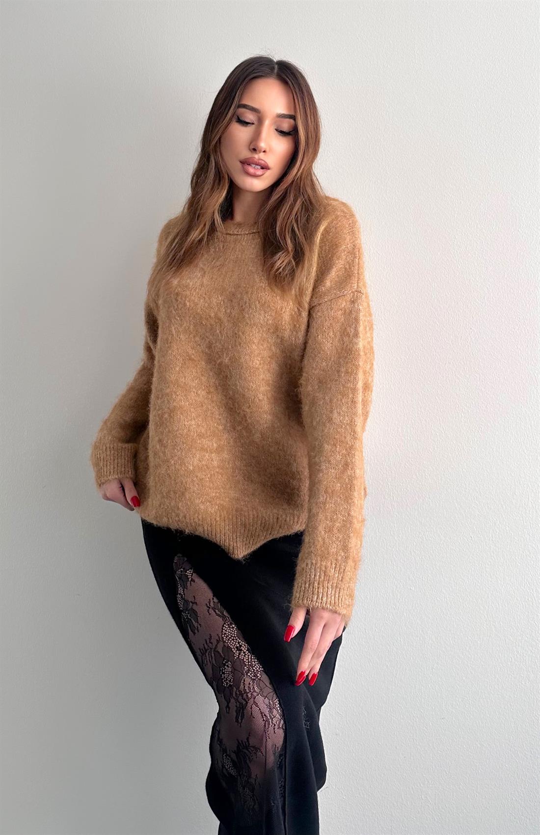 Yün Karışimlı Fırça Şardonlu Kazak CAMEL