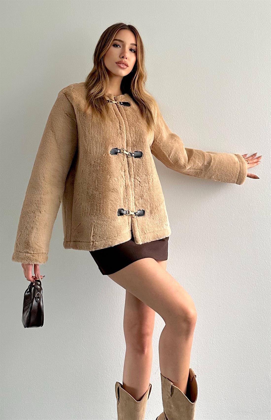 Kemer Tokalı Tavşan Tüyü Mont BEJ