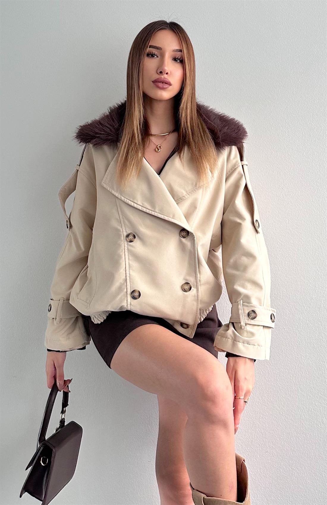 Yakası Kürklü Mont TAŞ