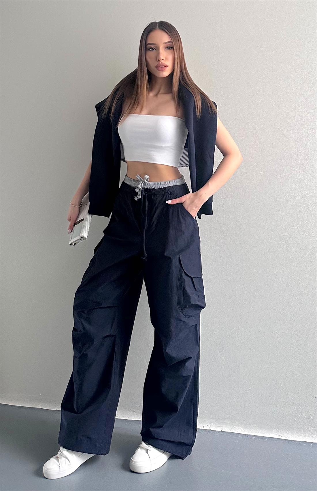 Bel Detaylı Paraşüt Pantolon LACİVERT