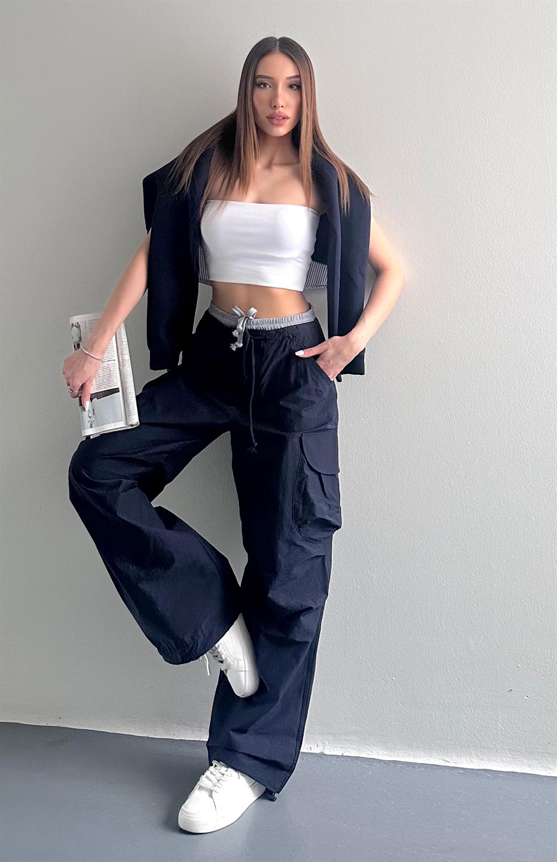 Bel Detaylı Paraşüt Pantolon LACİVERT